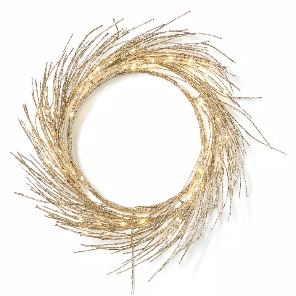 Noble House 24 in. Champagne Glitter Pre-Lit Warm White LED Artificial Christmas Wreath