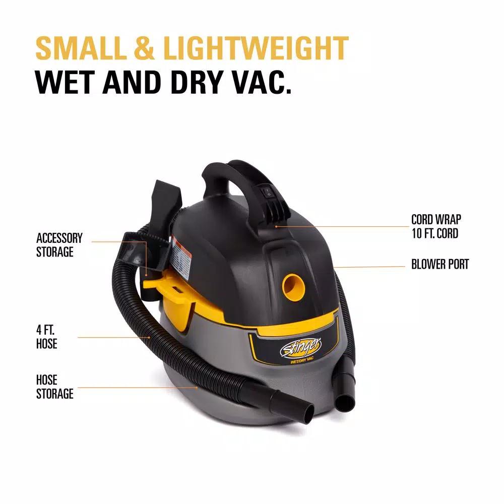 Stinger 2.5 Gal. 1.75 Peak HP Compact Wet/Dry Shop Vacuum with Hose and 6 Filter Bags