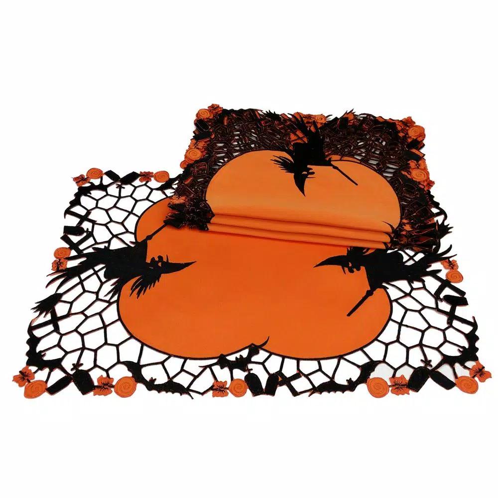Xia Home Fashions Witch Embroidered Cutwork Halloween Placemats, Orange Polyviscose (4-Set)