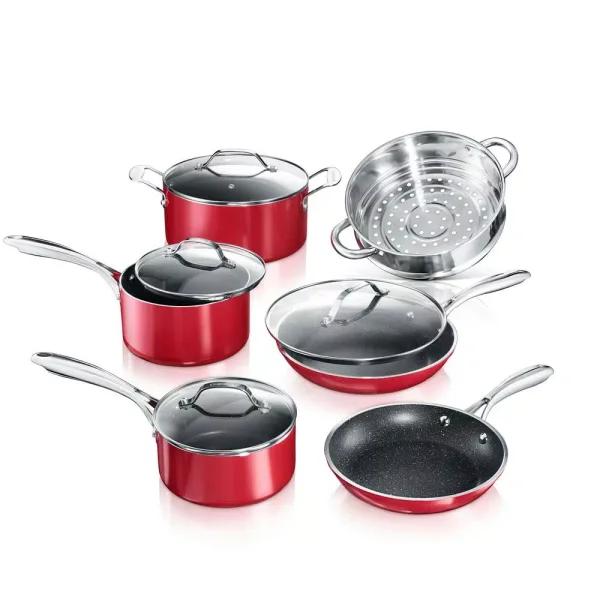 Granitestone Diamond 10-Piece Red Non-Stick Aluminum Cookware Set with Glass Lids