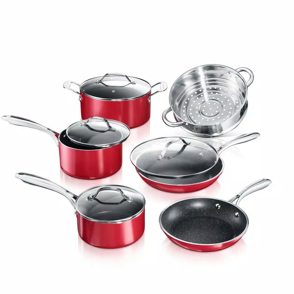 Granitestone Diamond 10-Piece Red Non-Stick Aluminum Cookware Set with Glass Lids