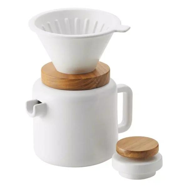 BonJour Ceramic 4-Cup Matte White Pour Over Coffee Set with Teak Wood Accent