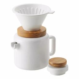 BonJour Ceramic 4-Cup Matte White Pour Over Coffee Set with Teak Wood Accent thumbnail 1