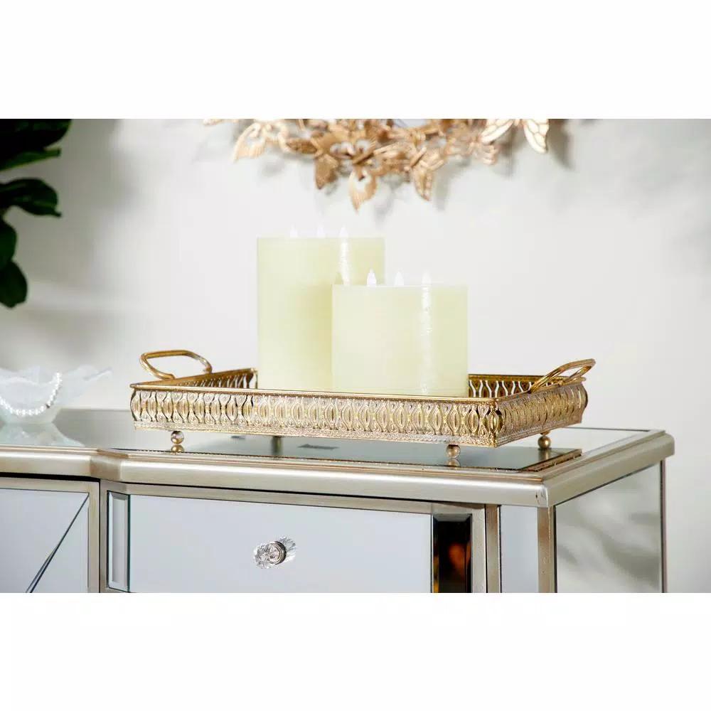 LITTON LANE Set of 3 Large Rectangular Metallic Gold Mirror Vanity Trays with Pierced Metal Designs