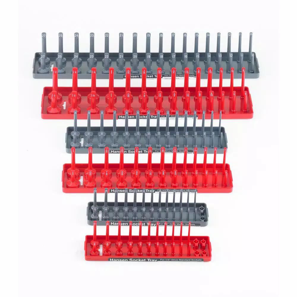 Hansen Global Inc. 6-Pack Socket Organizer Trays, SAE and Metric, 1/2 in., 3/8 in., and 1/4 in. Drives, Red and Grey