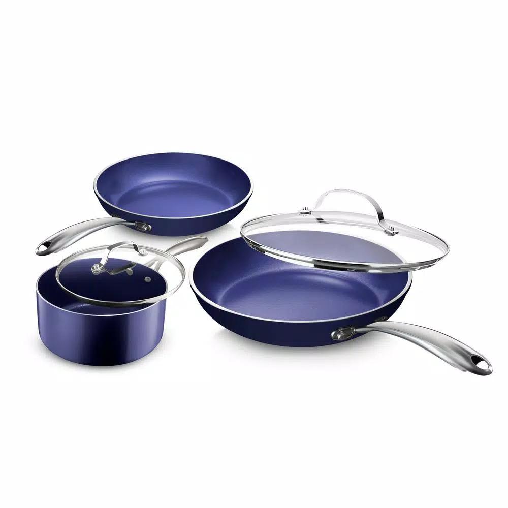 GRANITESTONE Granite Stone Blue 5-Piece Diamond Infused Non-Stick Aluminum Cookware Set with Glass Lids
