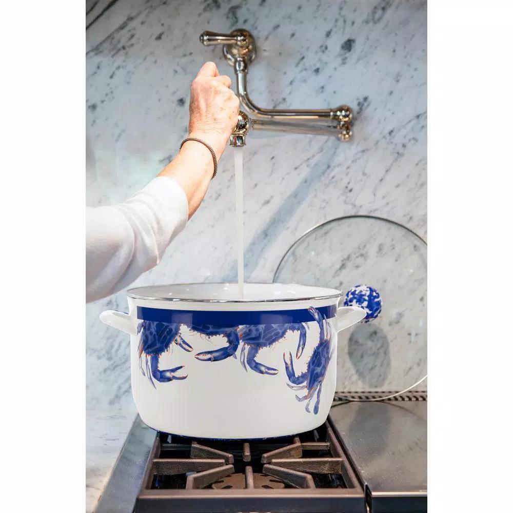 Golden Rabbit Blue Crab 18 qt. Porcelain-Coated Steel Stock Pot Set with Glass Lid and Rack
