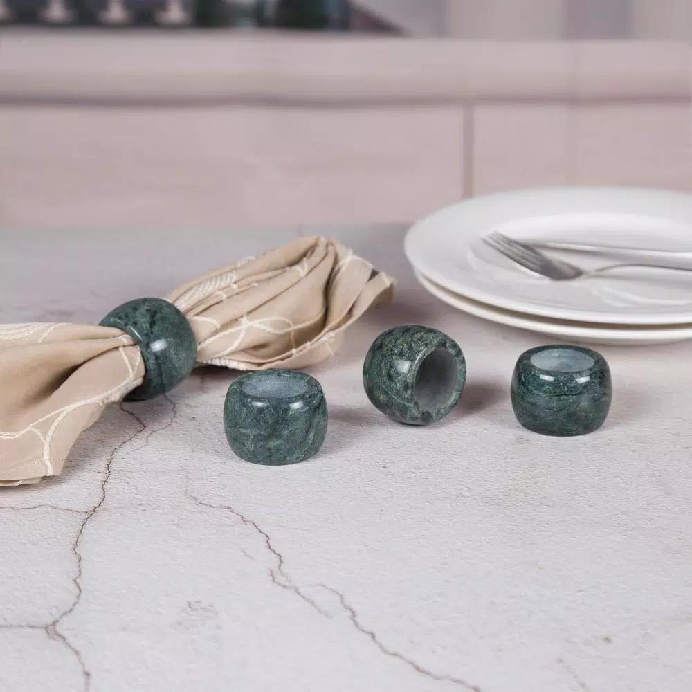 Creative Home Natural Green Marble Napkin Ring Holder Set, Set of 4 for Fine Dining and Weddings