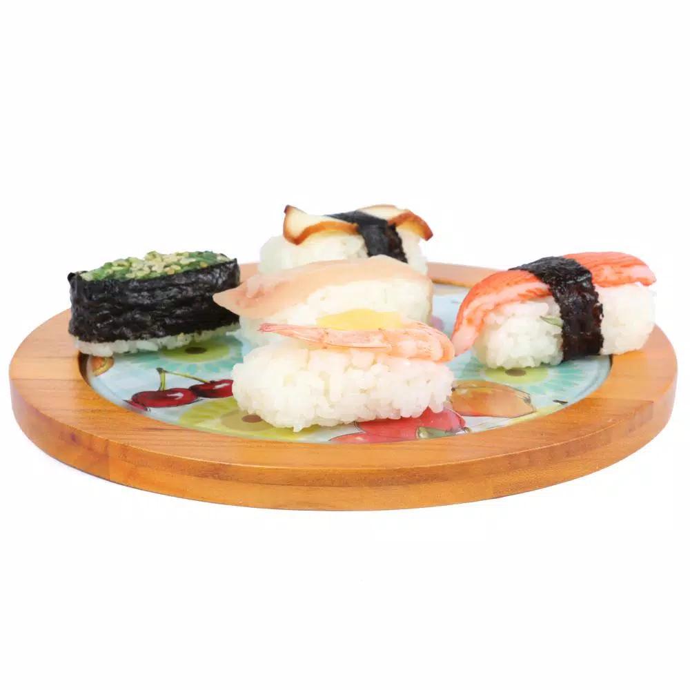 Creative Home 7.5 in. Round Tempered Glass Trivet Serving Board with Solid Wood Trim, Fruit Pattern