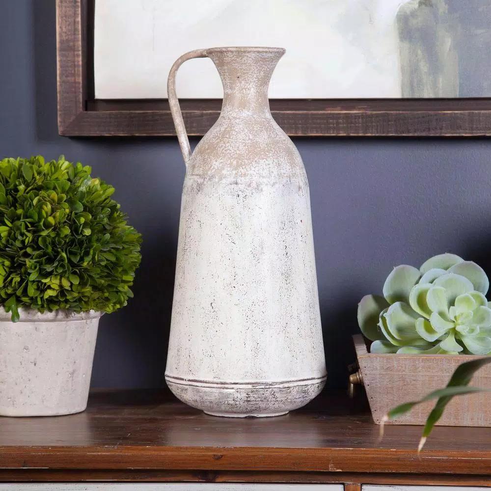 Winsome House 2-Piece White Metal Roma Pitcher Vase Set - Distressed Shabby Chic Urn Style