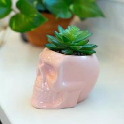 Flora Bunda Pink Ceramic Sugar Skull Succulent Planter with Artificial Plant, 4.5 x 3.5 in. thumbnail 3
