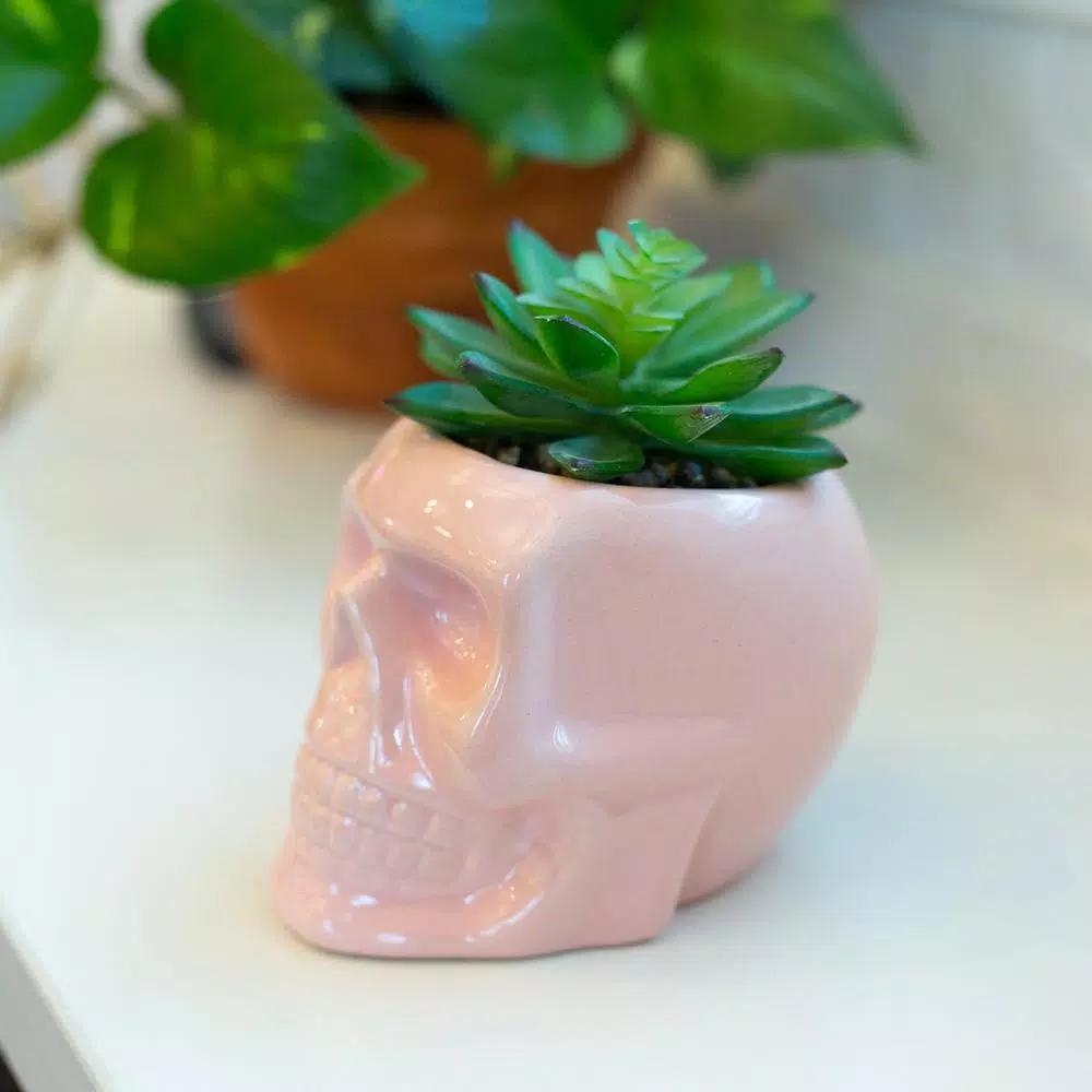 Flora Bunda Pink Ceramic Sugar Skull Succulent Planter with Artificial Plant, 4.5 x 3.5 in.