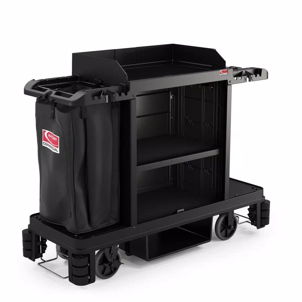 Suncast Commercial Housekeeping Plastic Cleaning Cart with Laundry Bag and Tool Storage