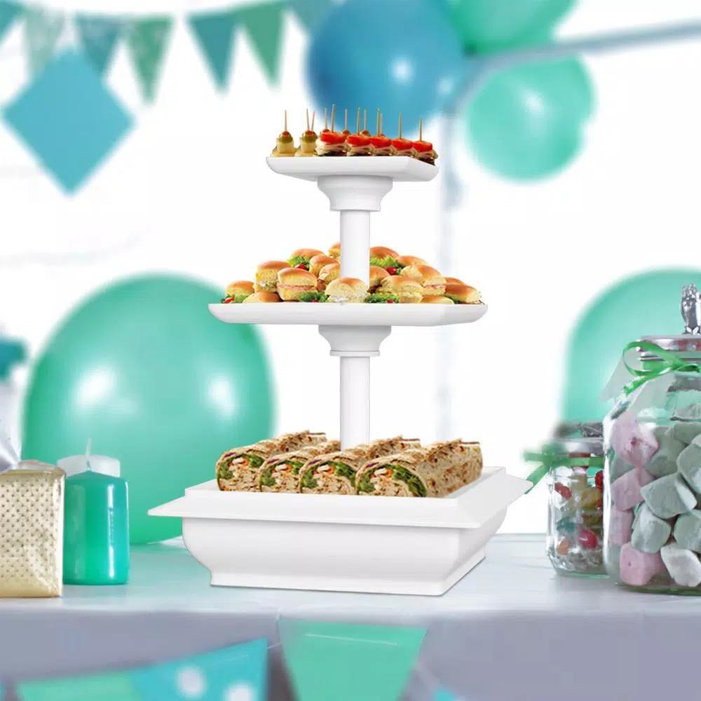 Chef Buddy 3-Tier Collapsible Dessert Stand, Square White Serving Tray Set with Self-Storing Base