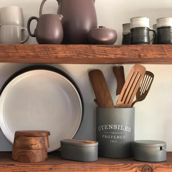 Fox Run 7 in. Slate Grey Round Cement Utensil Holder - Durable Kitchen Tool Crock