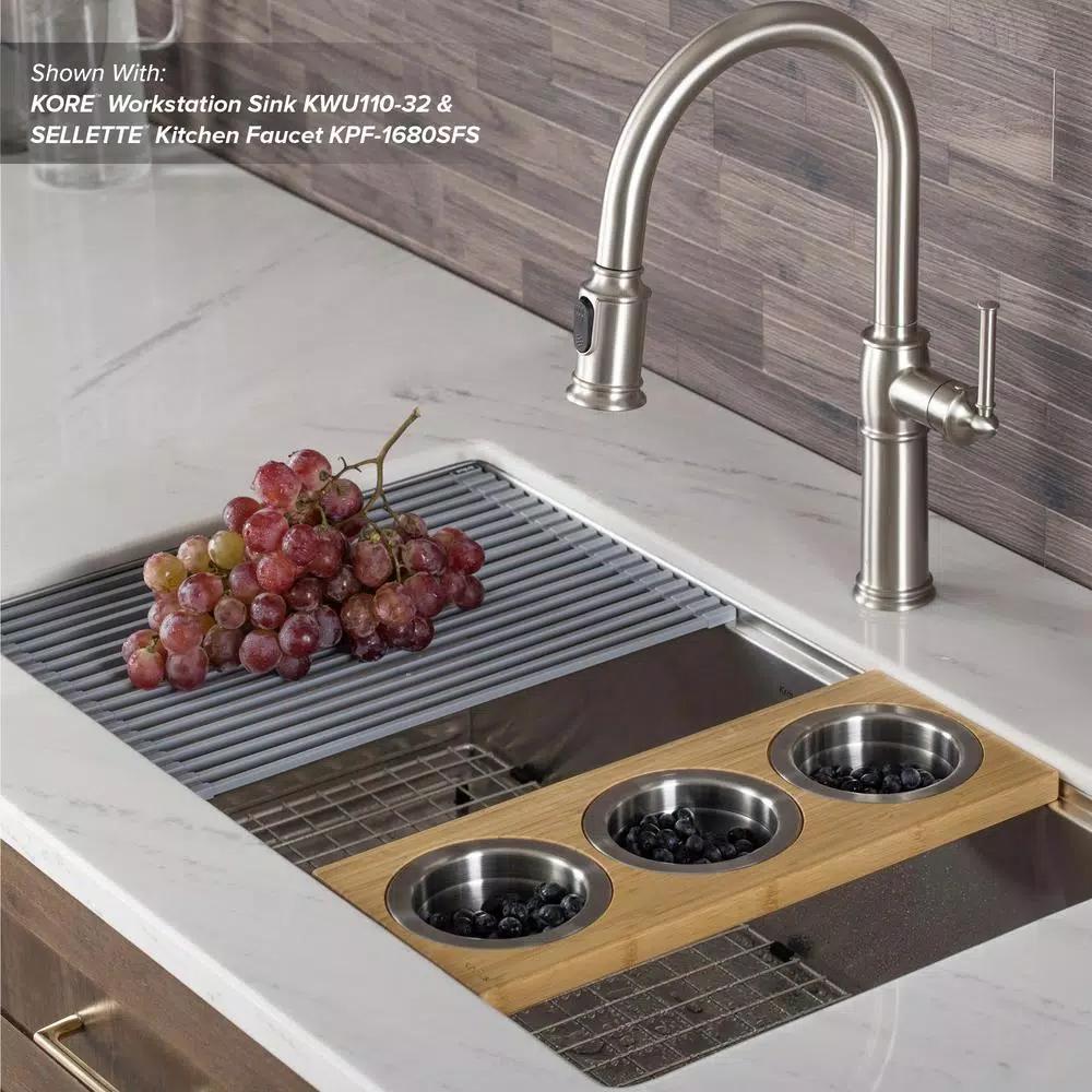 Kraus 16.75 in. Bamboo Workstation Kitchen Sink Serving Board Set with 3 Stainless Steel Prep Bowls