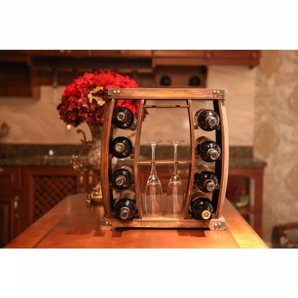 Vintiquewise Rustic Wooden 8-Bottle Wine Rack with Integrated Glass Holder
