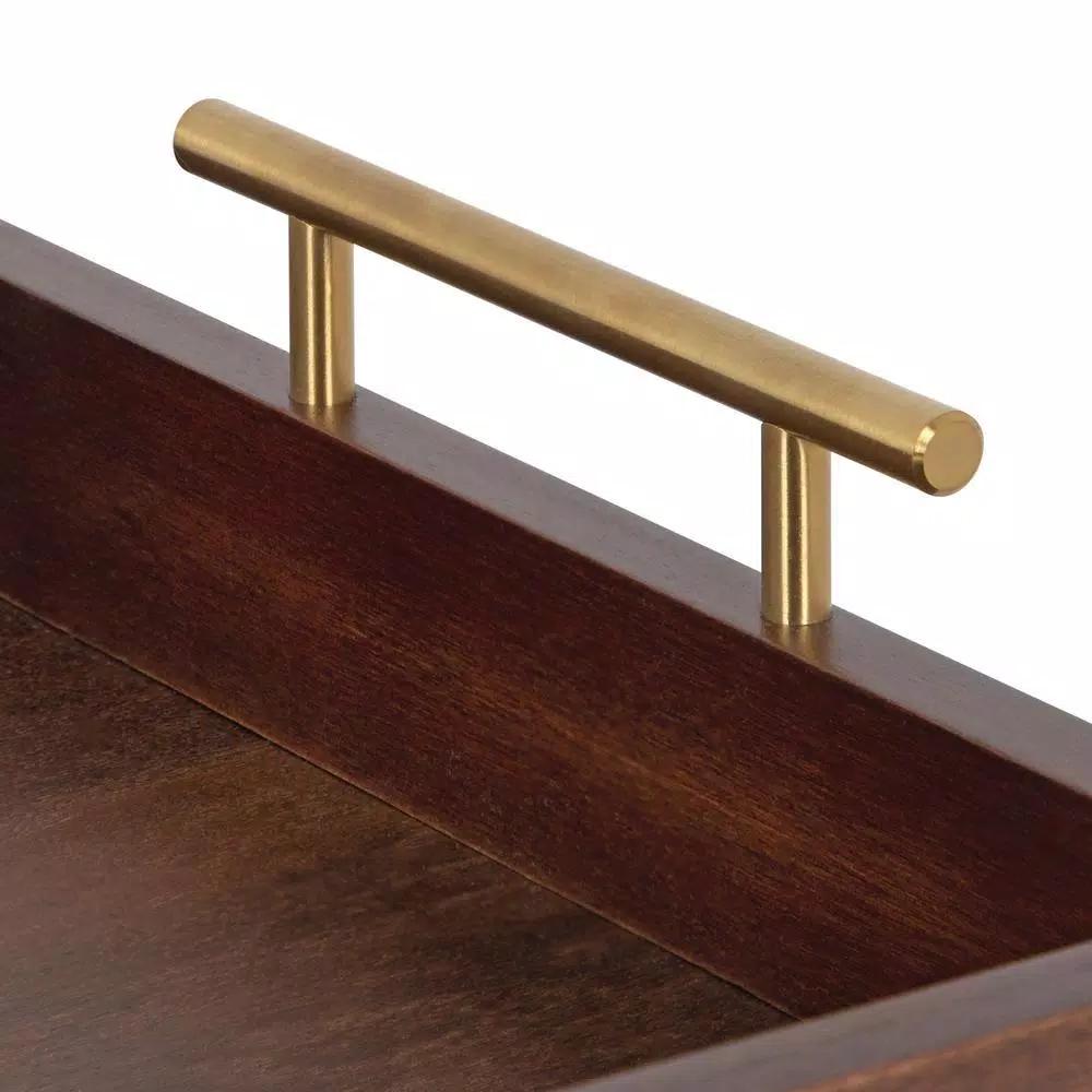 Kate and Laurel Lipton 16 in. x 12 in. Walnut Brown Decorative Wood Tray with Gold Metal Handles
