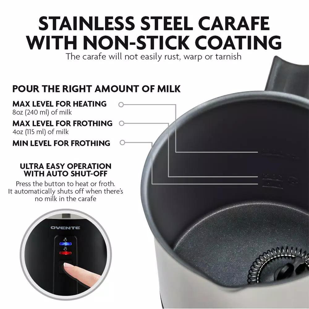 Ovente FR1208 3-in-1 Electric Milk Frother & Heater, Black Stainless Steel, 8.1 oz