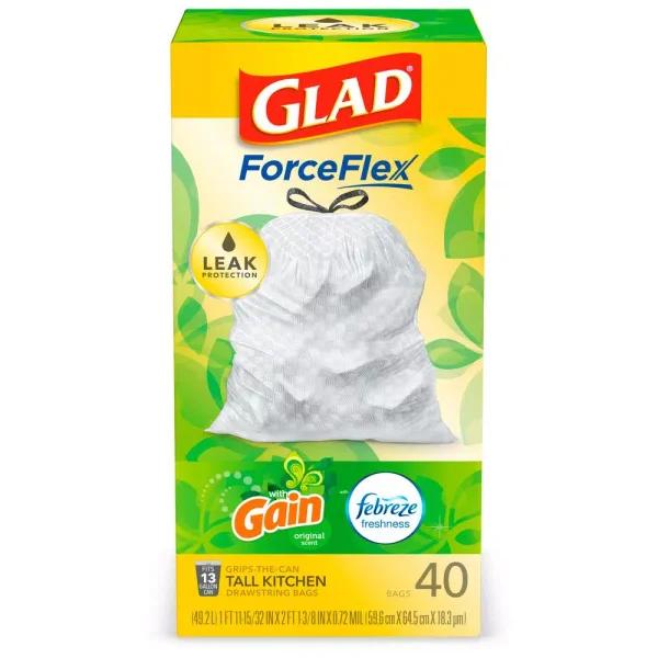 Glad ForceFlex 13 Gallon Tall Kitchen Drawstring Trash Bags with Febreze Gain Original Scent, 40 Count
