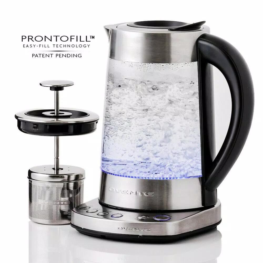 Ovente 1.7L Variable Temperature Glass Electric Kettle with ProntoFill Technology, Silver