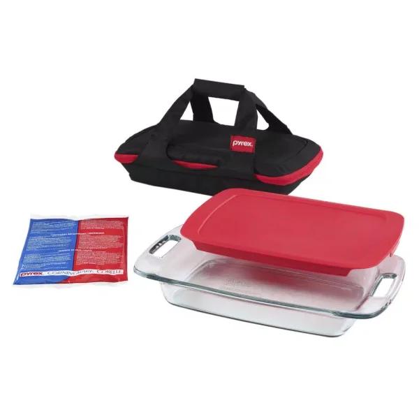 Pyrex 4-Piece Portable Glass Bakeware Set with Carrying Case and Hot/Cold Pack