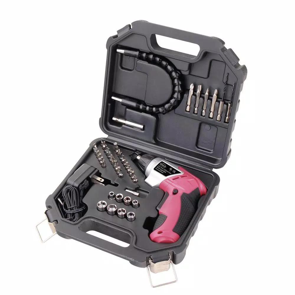 Apollo Tools 3.6V Lithium-Ion Cordless Electric Screwdriver with 45-Piece Accessory Set, Pink