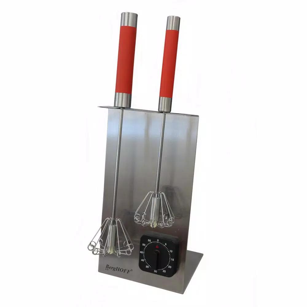 BergHOFF Red 2-Piece Stainless Steel Whisk Set with Storage Stand and Free Timer