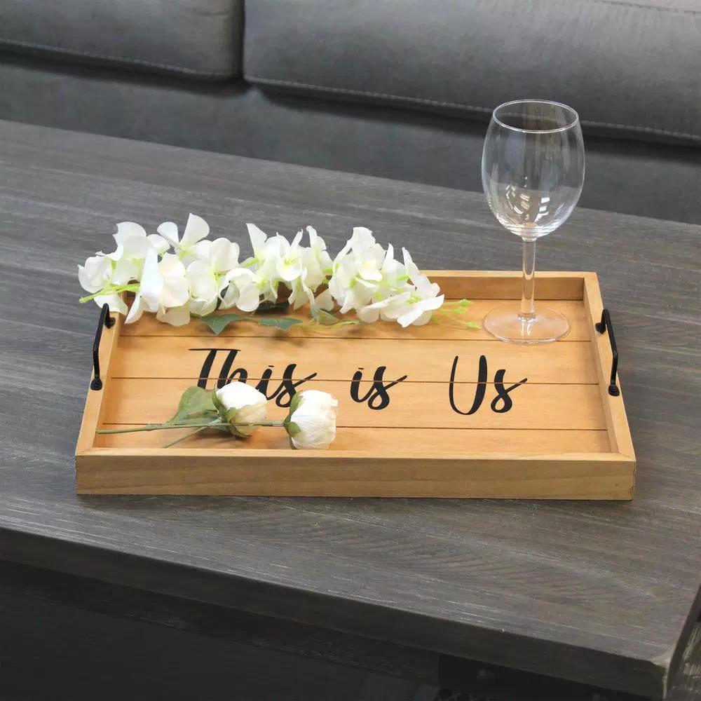 Elegant Designs Natural Wood Decorative Serving Tray with Black Metal Handles - 
