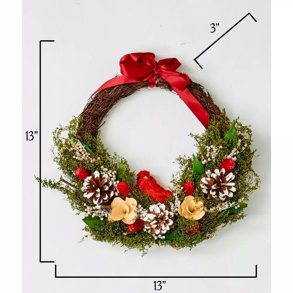 Worth Imports 13 in. Cardinal and Foliage Twig Wreath with Pinecones and Red Ribbon