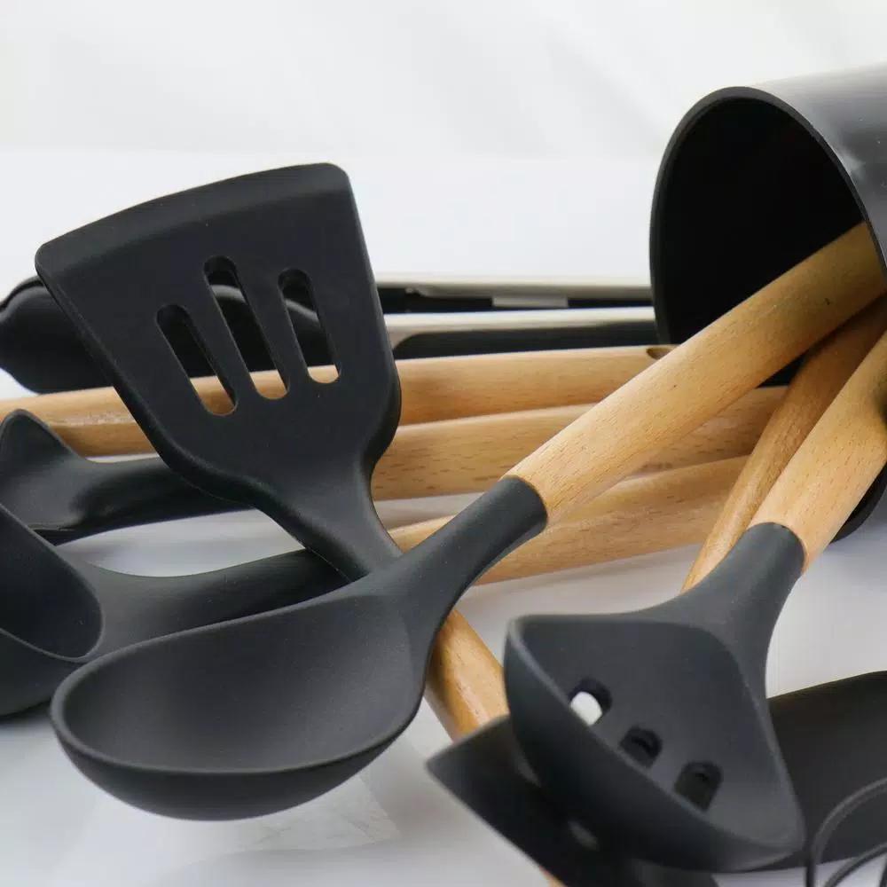 MegaChef 12-Piece Black Silicone and Wood Kitchen Utensil Set