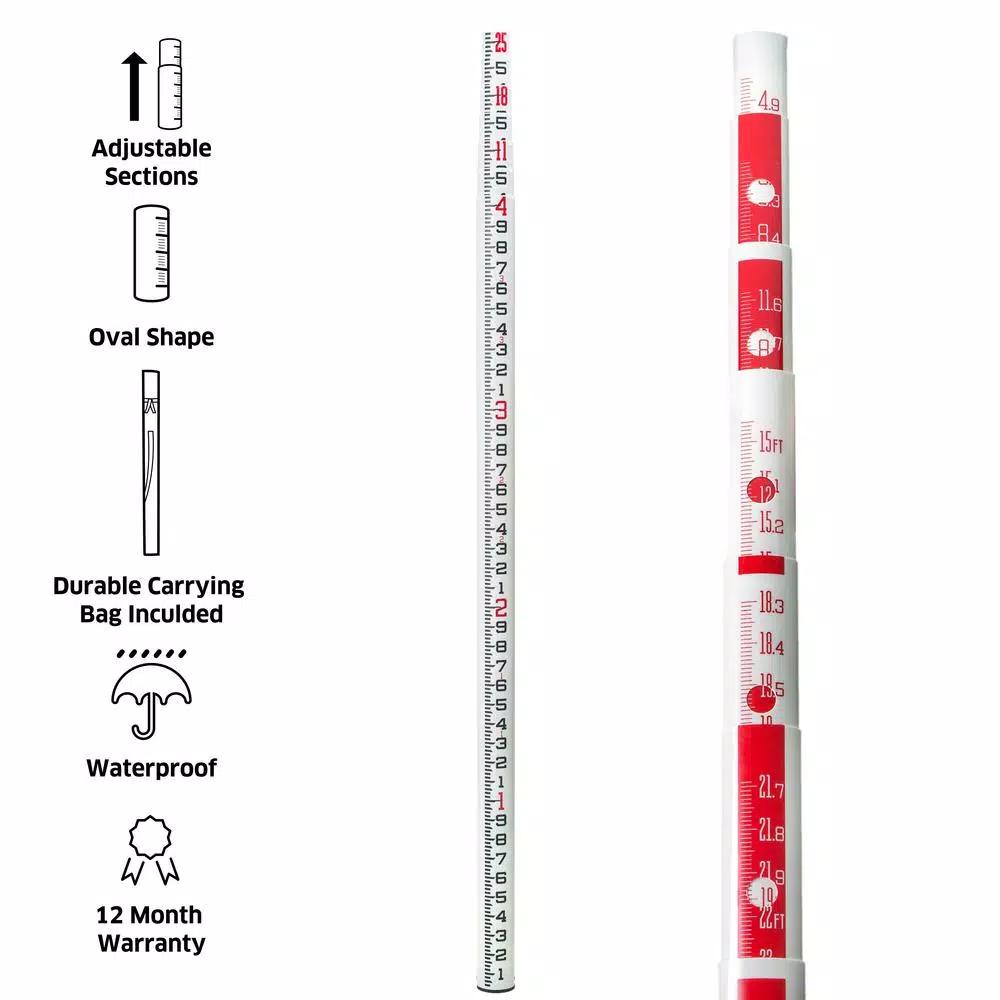AdirPro 25 ft. Surveyor Oval Leveling Grade Rod, 10ths Scale, Fiberglass