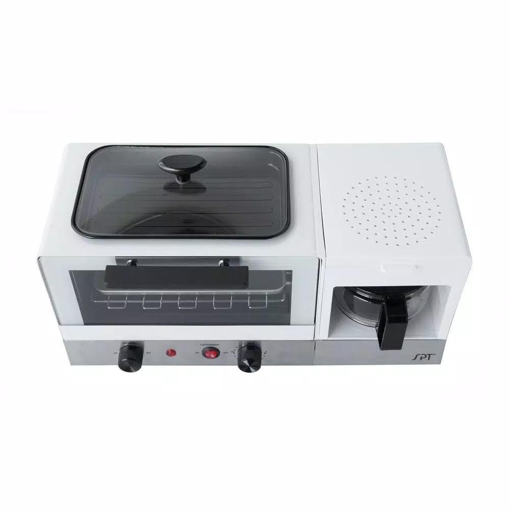 SPT 3-in-1 Breakfast Center 1450W Toaster Oven, Coffee Maker, and Griddle - White and Stainless Steel