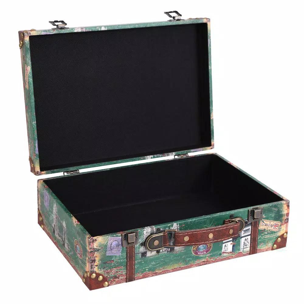 Vintiquewise Set of 2 Vintage-Style World Map Wooden Suitcase Trunks with Leather Straps - Green