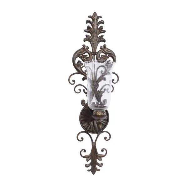 LITTON LANE Antique Gold Flourished Iron Candle Sconce with Clear Glass Hurricane Shade
