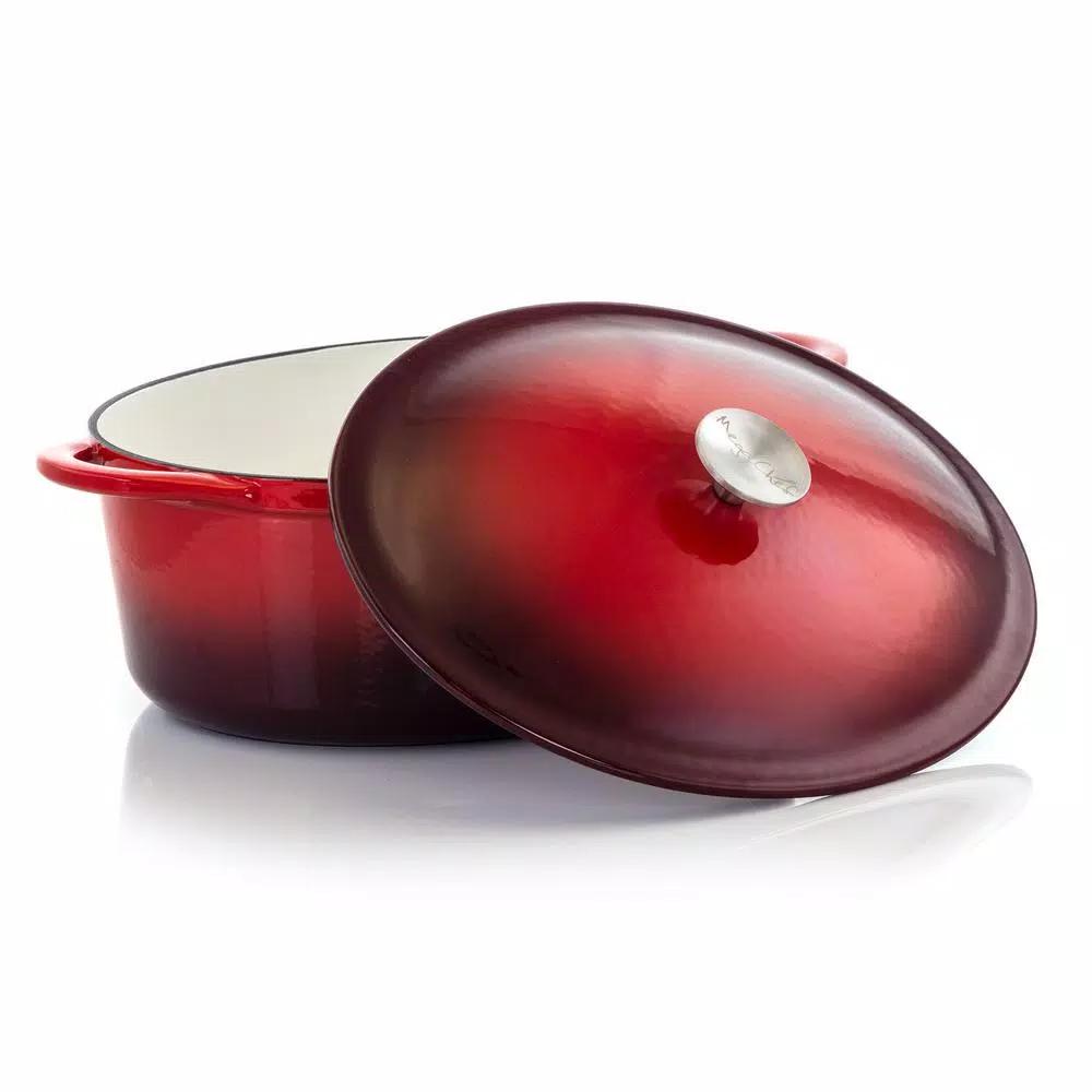 MegaChef 7 Qt. Oval Enameled Cast Iron Casserole Dish with Lid, Red