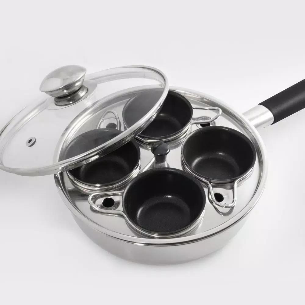 ExcelSteel 4-Cup 18/10 Stainless Steel Egg Poacher with Silicone Grip and Tempered Glass Lid