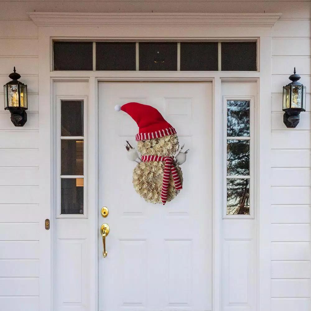 Fraser Hill Farm 25 in. Artificial Snowman Christmas Wreath with Red Hat and Striped Scarf