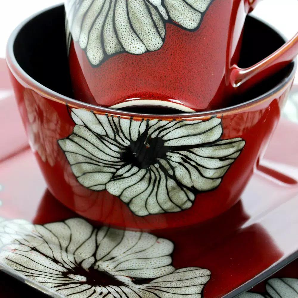 Elama Winter Bloom 16-Piece Red Stoneware Dinnerware Set, Asian Inspired Square Design, Service for 4