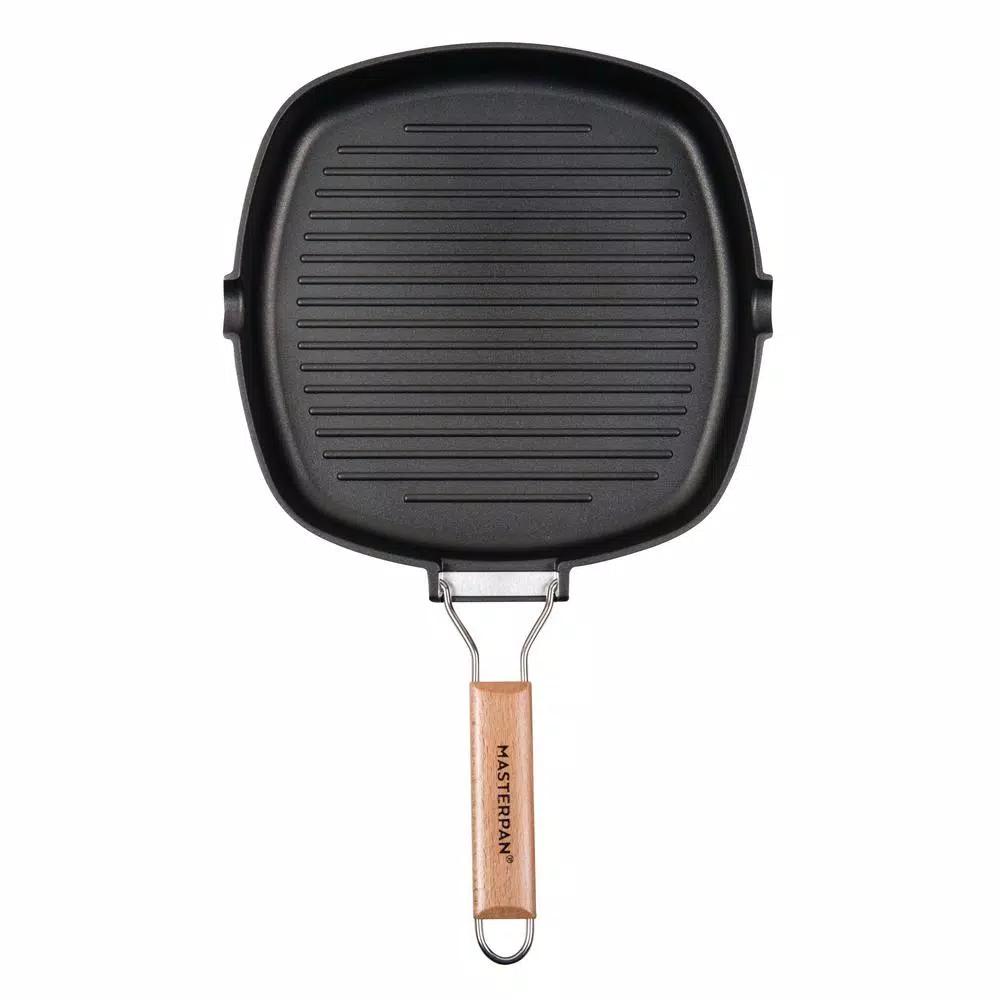 MasterPan 10 in. Cast Aluminum Nonstick Grill Pan with Pour Spout and Folding Wooden Handle, Black