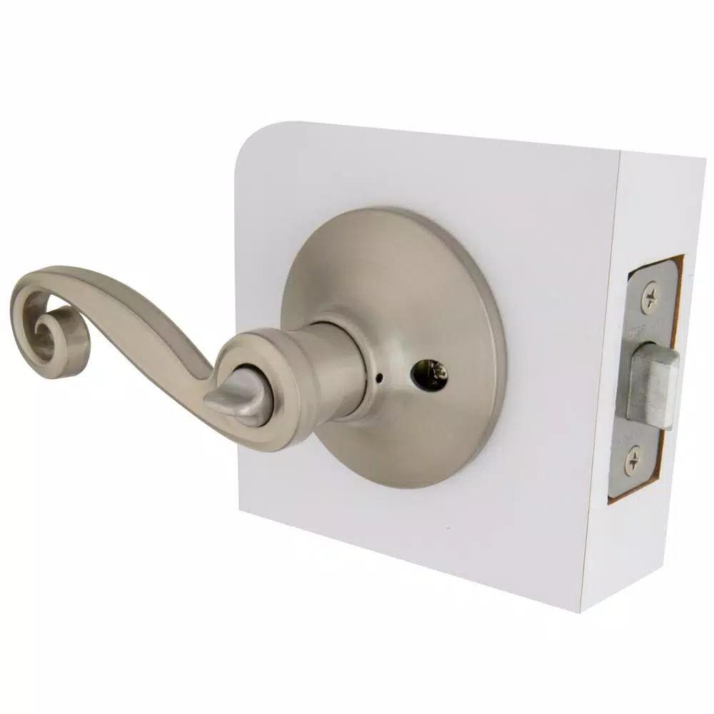 Defiant Scroll Satin Nickel Privacy Lever Set for Bedroom and Bathroom Doors