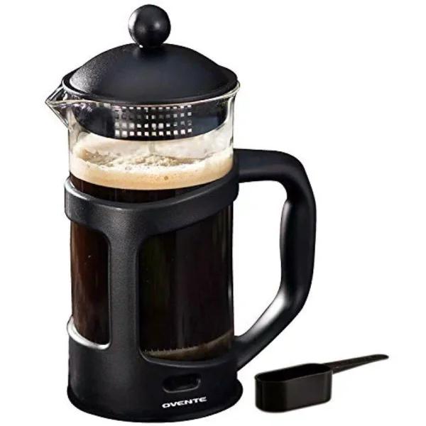 Ovente 4-Cup Black French Press Coffee and Tea Maker with Borosilicate Glass Carafe and Measuring Scoop