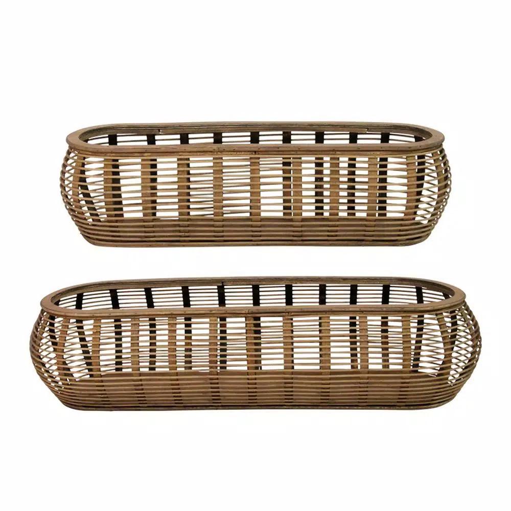 Stratton Home Decor Tulum Handcrafted Wooden Rattan Baskets, Set of 2