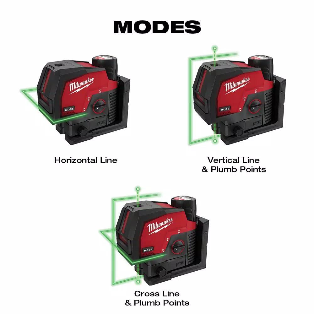Milwaukee M12 Green Cross Line and Plumb Points Laser Level Kit with 3.0 Ah Battery