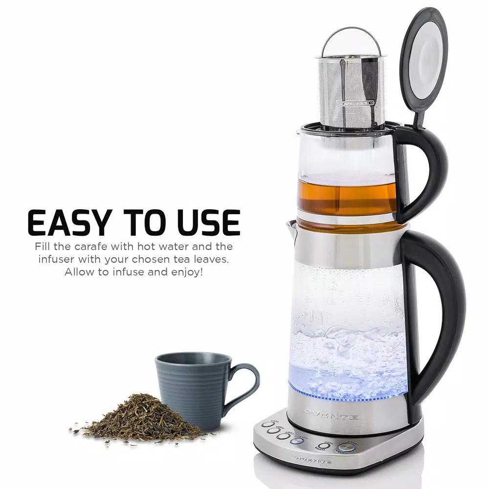 Ovente 1.7L Stainless Steel Glass Electric Kettle with ProntoFill Technology and 27-Oz Teapot Bundle
