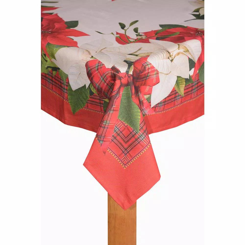 Lintex Poinsettia Tartan Christmas Tablecloth, Red and White Plaid, 60 x 102 in.