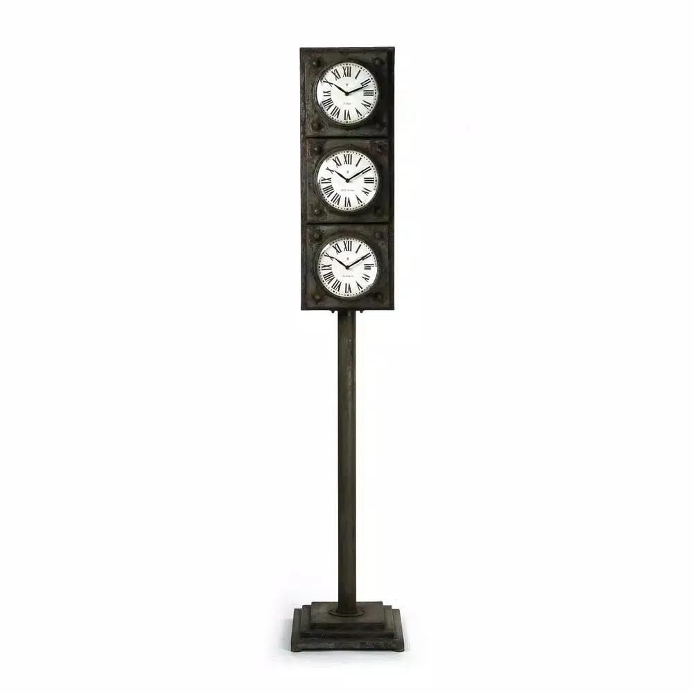 Zentique Antique Grey Metal Floor Clock with 3 Clock Faces and Hidden Storage