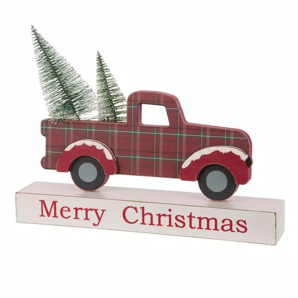 Glitzhome Merry Christmas Red Truck Wooden Table Decor with Christmas Trees