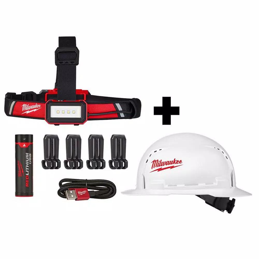Milwaukee 600 Lumen USB Rechargeable Low-Profile Headlamp with BOLT White Full Brim Vented Hard Hat