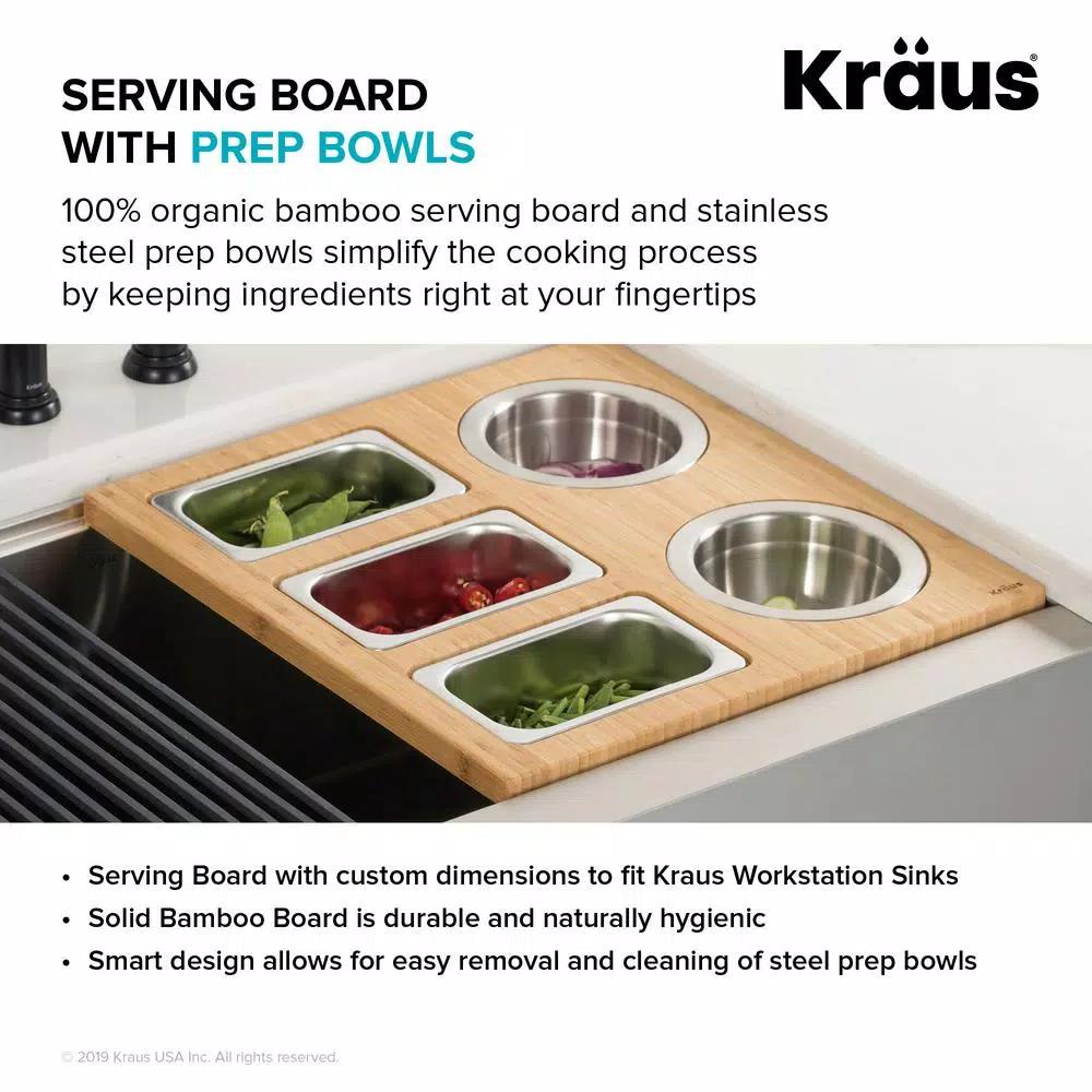 Kraus Workstation Kitchen Sink Accessory Set - Bamboo Serving Board & 5 Stainless Steel Prep Bowls